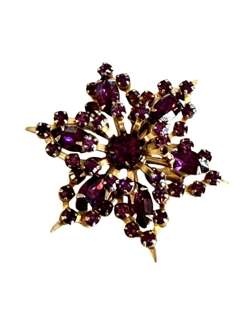 Vintage Amethyst Purple Rhinestone Star Snowflake Brooch Silver Tone Open Back